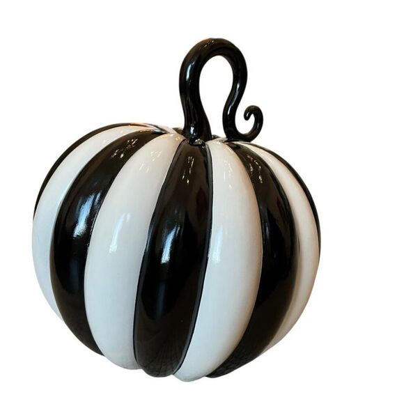 Elegant Glossy Black and White Stripe Pumpkin - Picture 4 of 10